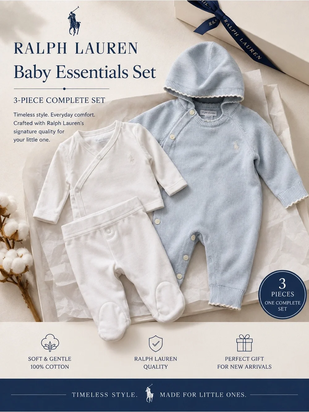 Ralph Lauren Baby 3-Piece Set in Light Blue and White